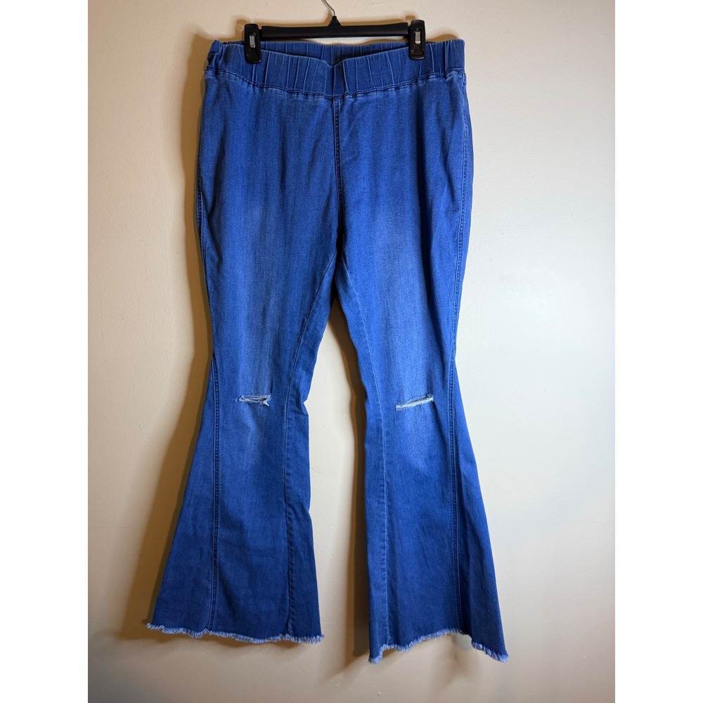 Womens 2XL Blue Flare Jeans Distressed Knee Raw Hem Stretch Wide Leg Y2K